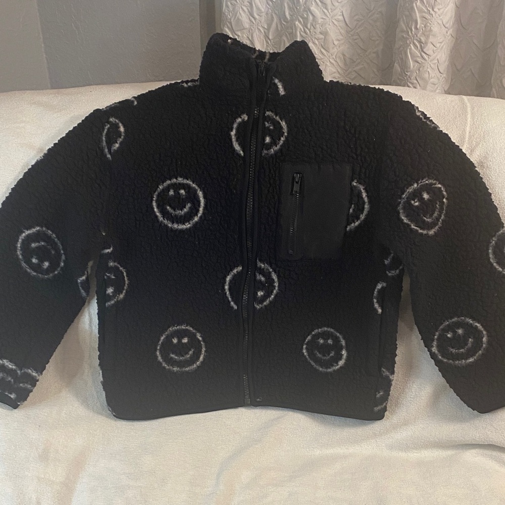 Old Navy Sherpa Black White Smiley Face Boys Fleece Zip Front Jacket